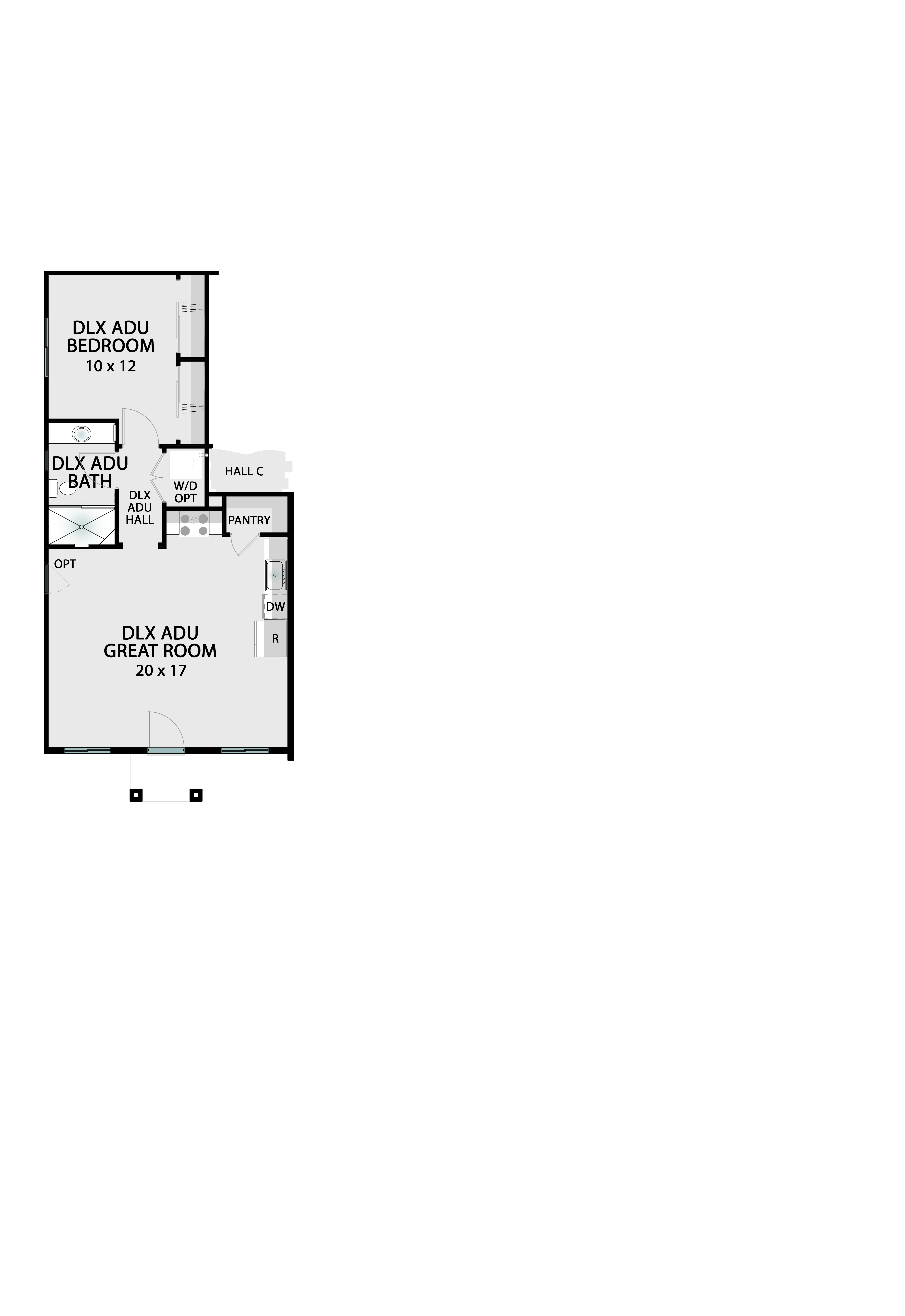 Deluxe ADU Option structural overlay — premium Accessory Dwelling Unit with upgraded finishes and full independent living amenities